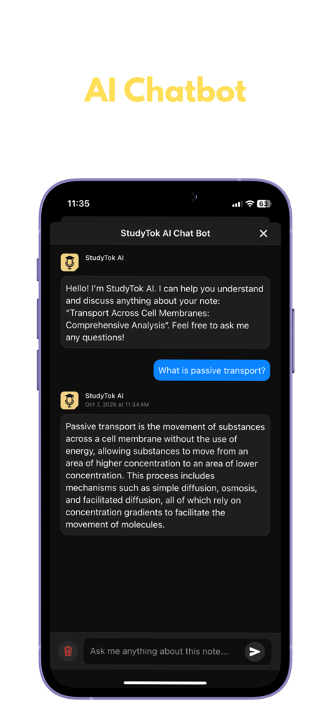 Capture d'écran d'une application mobile de StudyTok AI montrant un chatbot fournissant une explication détaillée du transport passif dans une note d'étude de biologie