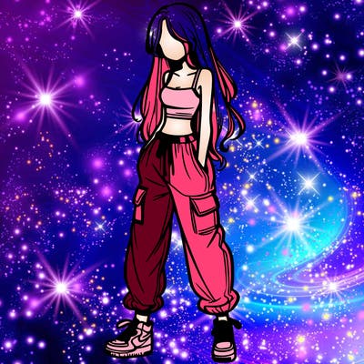 girl in baggy pants crop top and long hair