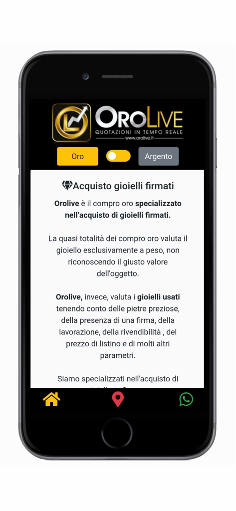 OroLive - Compro oro Roma - Schermata dell'app OroLive che spiega i servizi di valutazione e acquisto di gioielli firmati