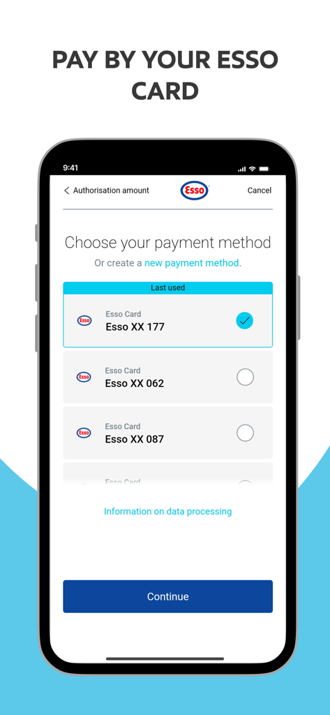 Uma tela no aplicativo Esso PRO mostrando várias opções de Cartão Esso para pagamento de combustível profissional