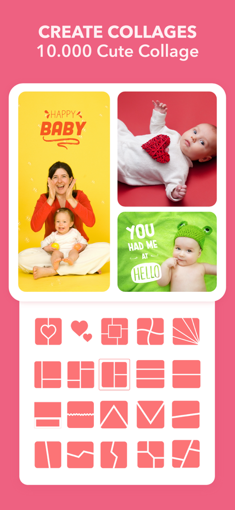 Baby Photo Editor: Pic Journal - Una pantalla de la aplicación Editor de Fotos de Bebé que muestra varios diseños de collage de fotos y ejemplos de collages de hitos de bebé.