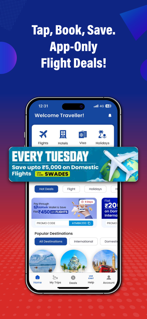 AkbarTravels: Flights & Hotels - Pantalla de inicio de la aplicación AkbarTravels con ofertas de vuelos y servicios de viaje como reserva de visa y hotel