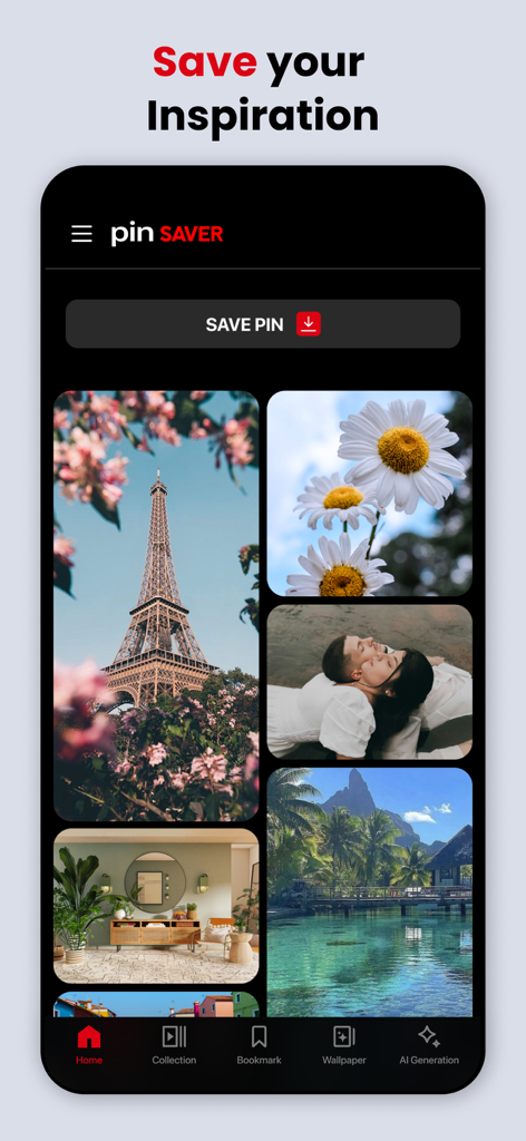 PinSaver: Save Pin Video - Home screen of PinSaver app showing a gallery of curated aesthetic photos and a button to save pins