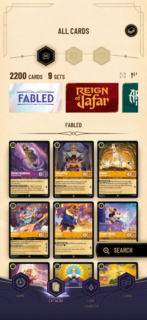 Disney Lorcana TCG Companion - Uma visão da coleção de cartas do Disney Lorcana com cartas de personagens e títulos de conjuntos