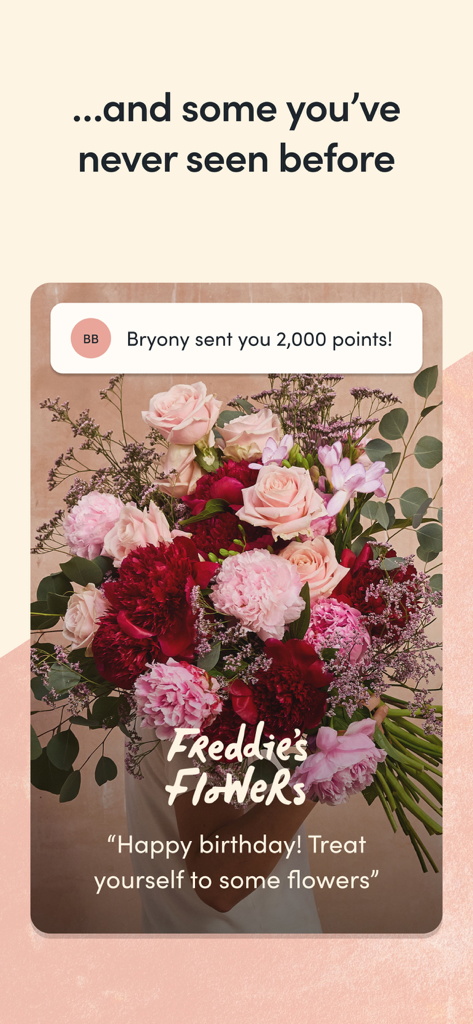 Yonder Rewards Cards - Screenshot of the Yonder app showing a notification for points received and a birthday flower reward from Freddie's Flowers.