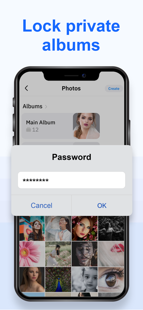 Secure Folder - Gallery Lock - Pantalla de smartphone que muestra una solicitud de contraseña para bloquear álbumes de fotos privados