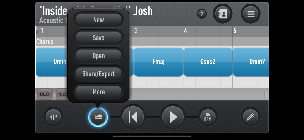 SessionBand Original - SessionBand Original interface showing chord loops and a project menu with save and export options