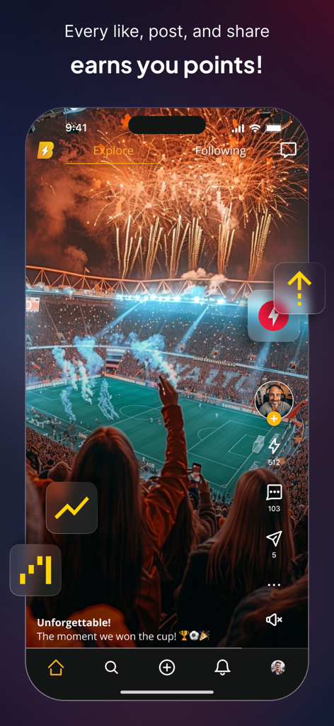 Buzzer: Sports Community - Écran de l'application mobile Buzzer montrant une vidéo de temps fort de match de football et un message sur l'obtention de points pour l'engagement social.
