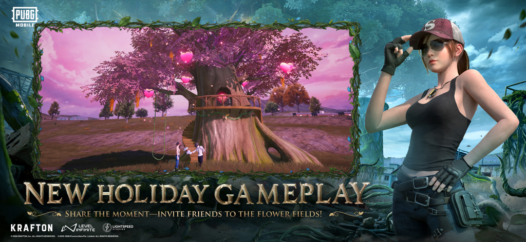 Imagen promocional de PUBG MOBILE para el nuevo juego navideño con un árbol decorado y una personaje femenina.