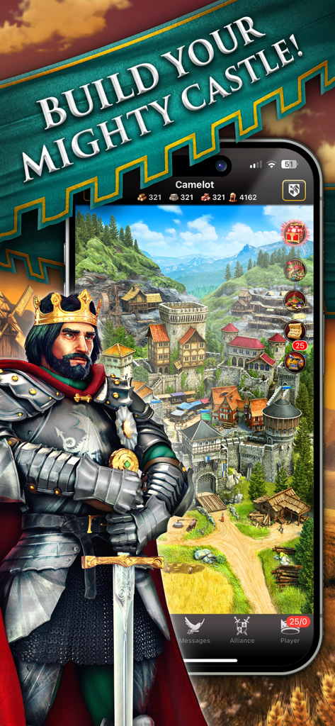 Lords & Knights - Mobile Kings - A medieval king in silver armor standing next to a smartphone showing a castle construction interface in the Lords and Knights strategy game