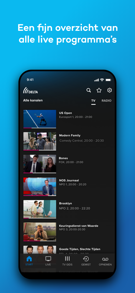 Um smartphone exibindo a interface do aplicativo DELTA TV Interativa com uma lista de programas de televisão ao vivo