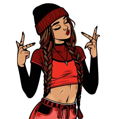 realistic teenage girl with braids and a beanie and crop top doing 🫶🏼