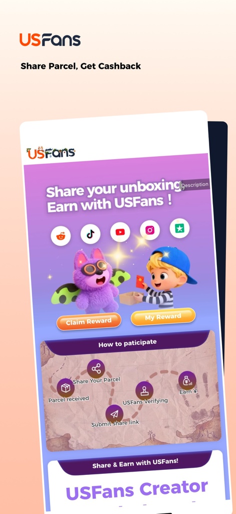 Interfaz de la aplicación móvil USFans mostrando cómo ganar cashback compartiendo contenido de unboxing en redes sociales
