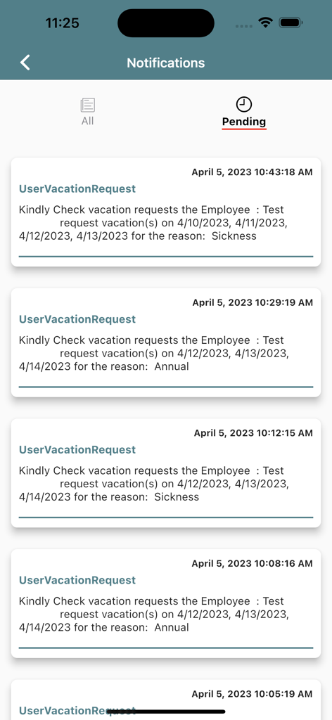 Time Attendance By EasySoft - Notifications screen in the Time Attendance app showing pending vacation requests for sickness and annual leave.