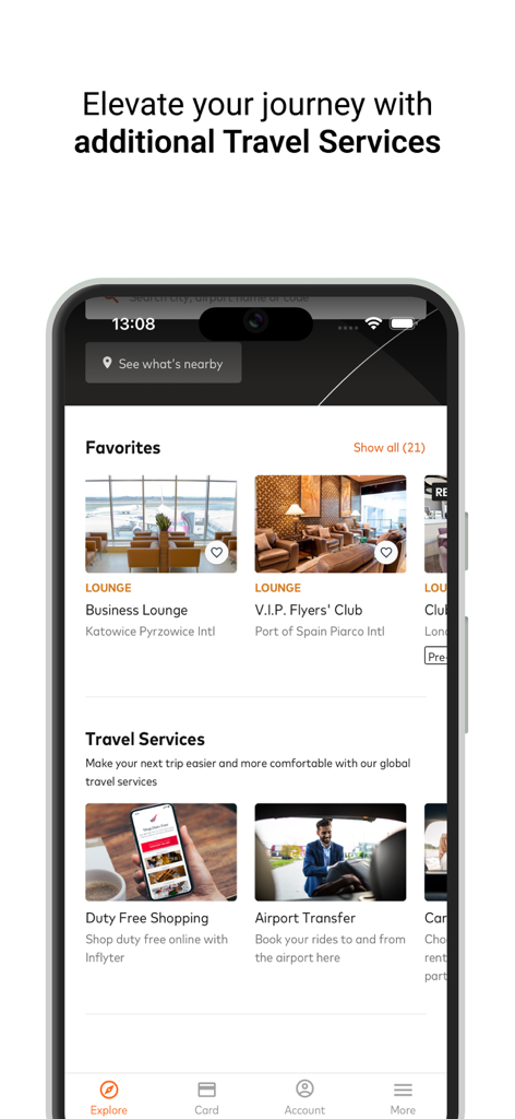 Mastercard Airport Experiences app interface showing favorite lounges and additional travel services