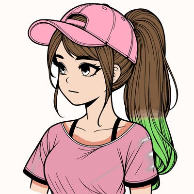 realistic looking girl with her hair in a really long ponytail and a base ball cap, t-shirt