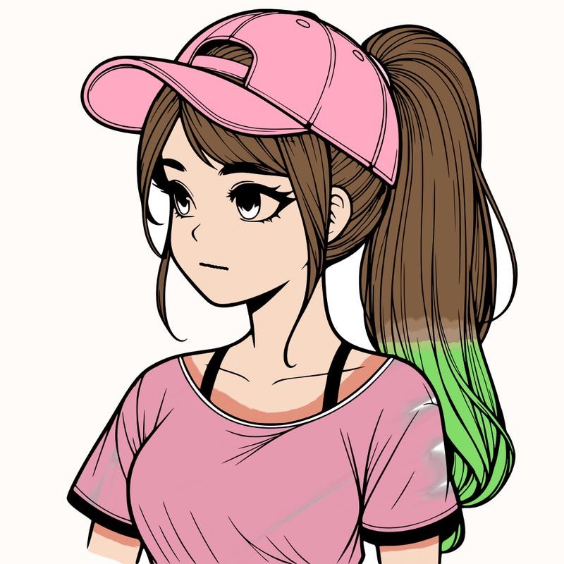 realistic looking girl with her hair in a really long ponytail and a base ball cap, t-shirt
