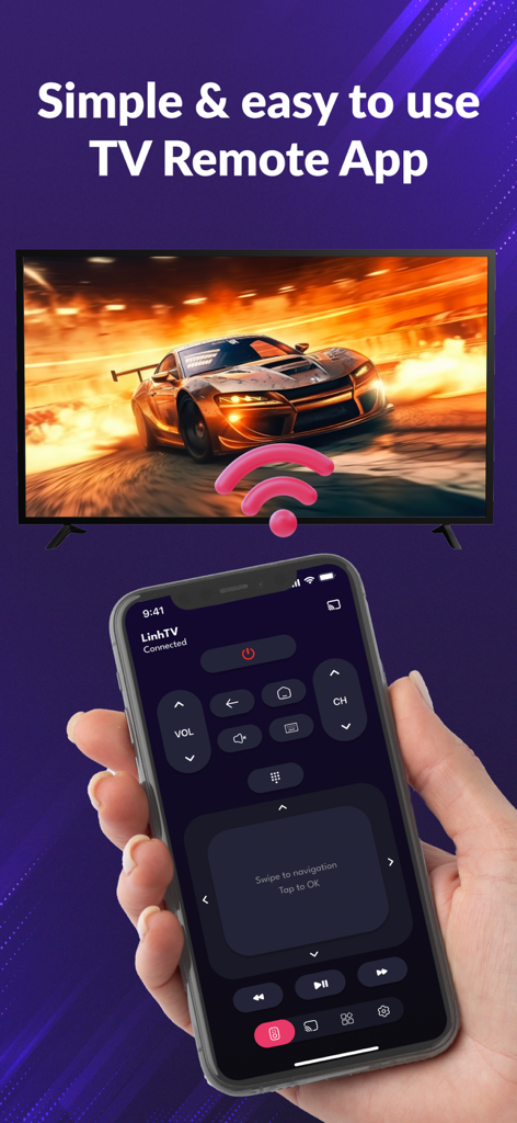 TV Remote: Smart Remote for TV - A hand holding an iPhone with a smart TV remote app interface controlling a television