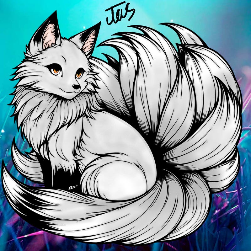 realistic detailed 9 tailed anime fox