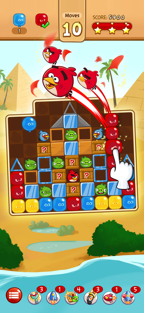Angry Birds Blast - Angry Birds Blast gameplay showing a player tapping red balloons to clear a level in a desert setting