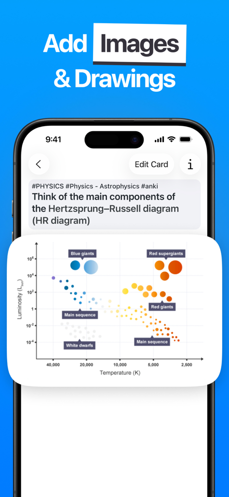 Flashtex: Study Flashcards - Eine Physik-Karteikarte in Flashtex mit einem detaillierten Hertzsprung-Russell-Diagramm für Astrophysik-Studien