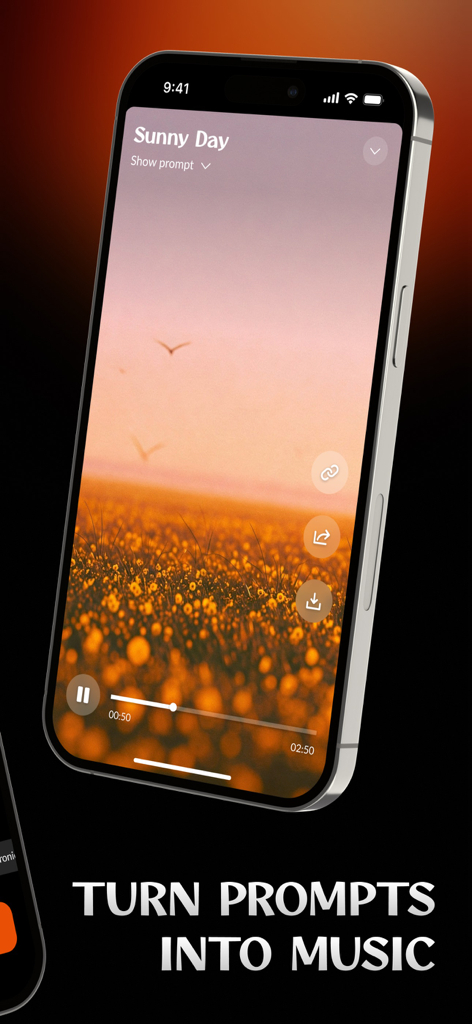 Melora: AI Music Generator - Melora AI Music Generator app interface on a smartphone showing a music player and the slogan Turn Prompts Into Music