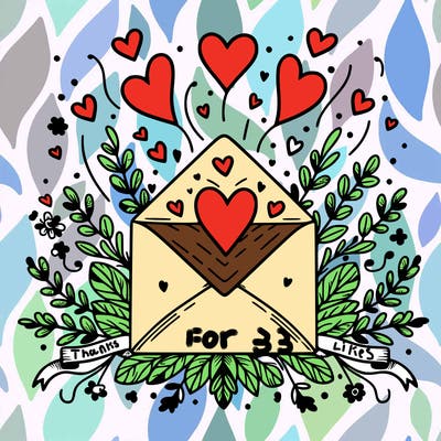 an envelope with hearts floating out of it, surrounded by floral accents or ribbons.