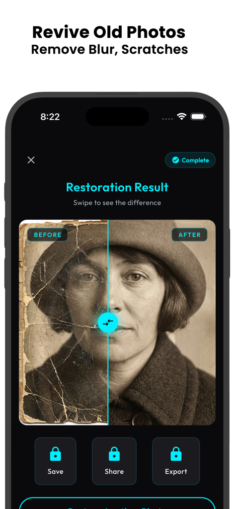 Old Picture Restoration AI - A before and after comparison showing the repair of a scratched and blurry vintage photograph of a woman.