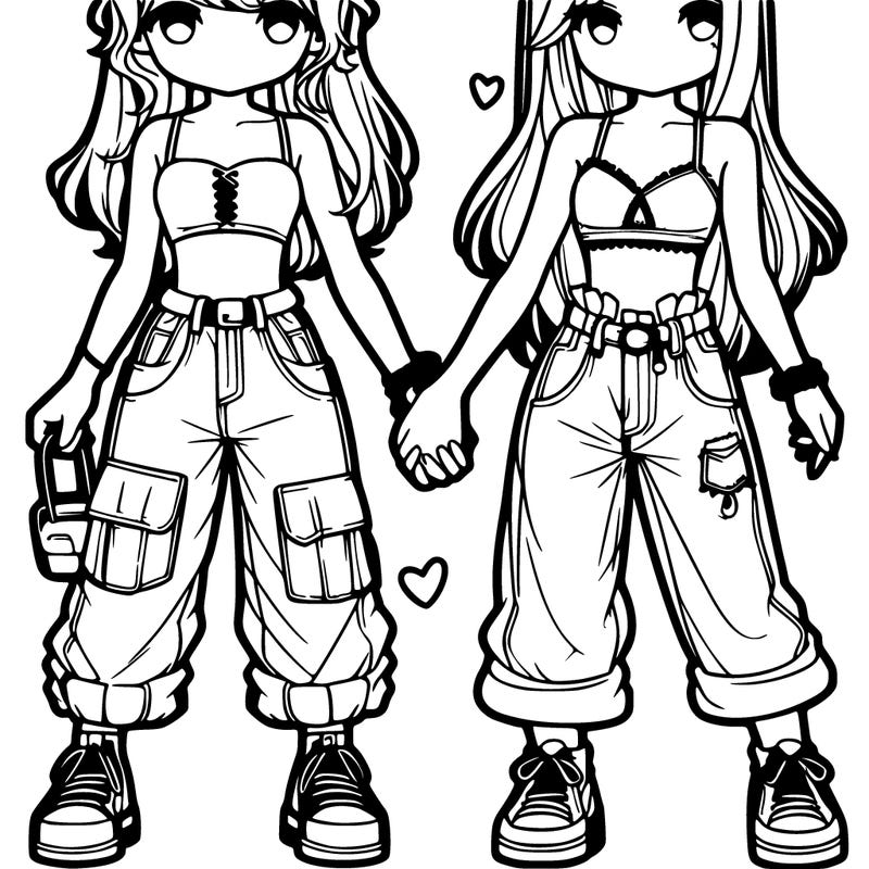 two girls in crop tops and baggy jeans holding hands chibi