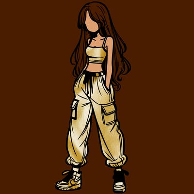girl in baggy pants crop top and long hair