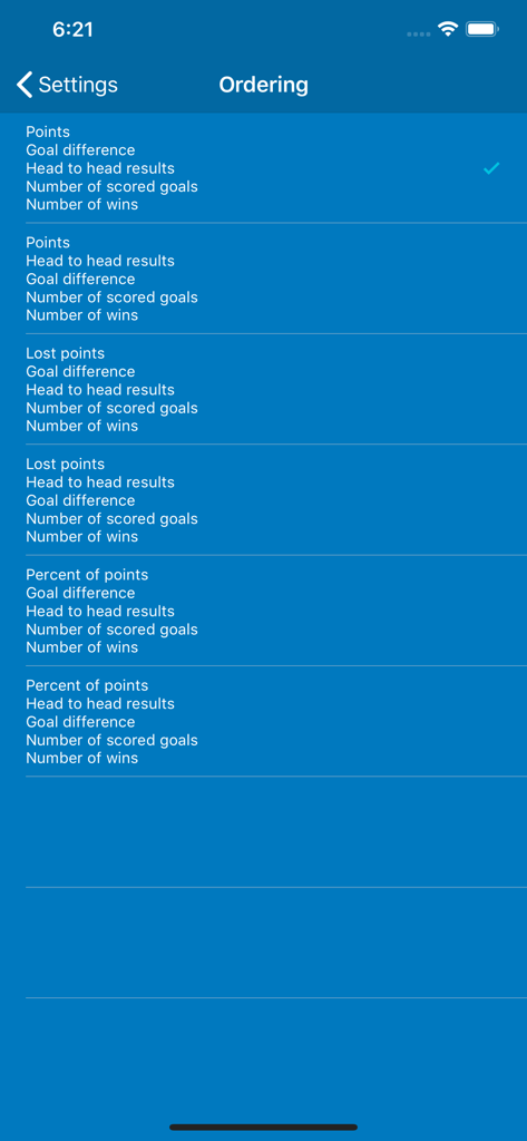 Ordering settings menu for defining tie-break rules in the Custom League Tables app