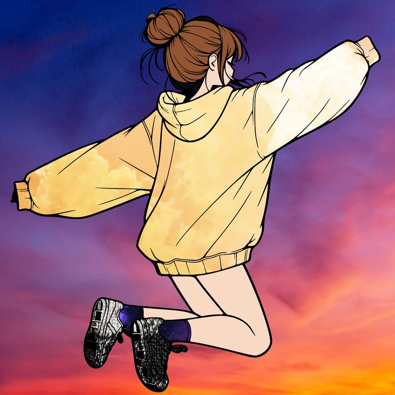 realistic girl jumping with a bun and oversized sweatshirt