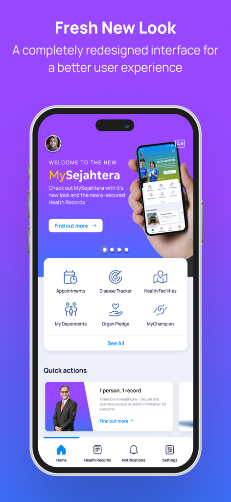 MySejahtera mobile app home screen featuring healthcare services and health records