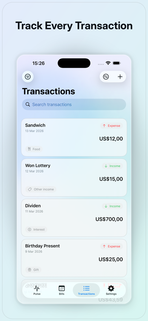 Spending Pulse - Money Tracker - Transaction history list in the Spending Pulse app showing daily expenses and income