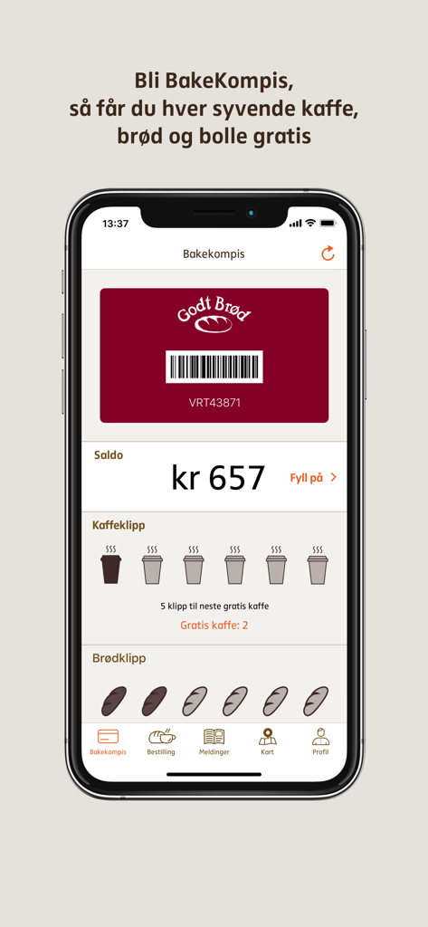 Godt Brød Bakekompis app interface displaying a digital membership card and stamp cards for free coffee and bread
