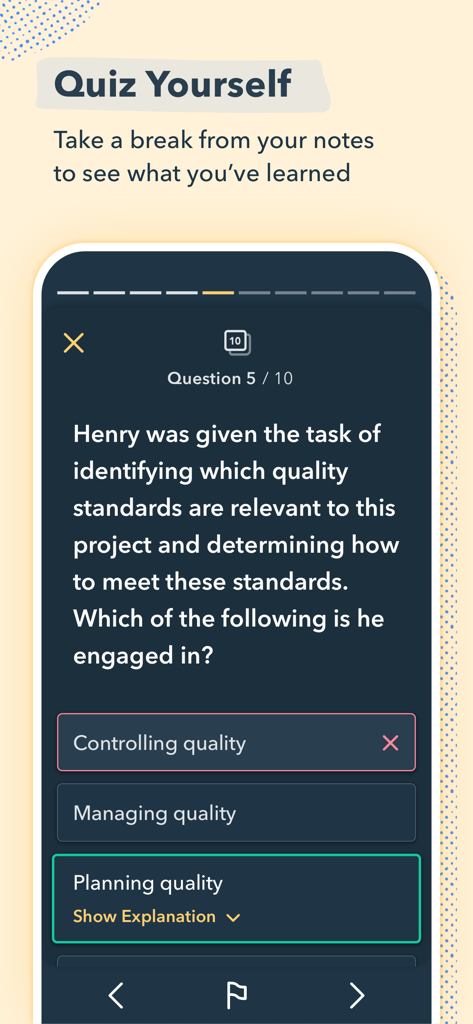 Pocket Prep PMP 2026 - A PMP practice quiz question on the Pocket Prep app showing a scenario about project quality standards with the correct answer highlighted