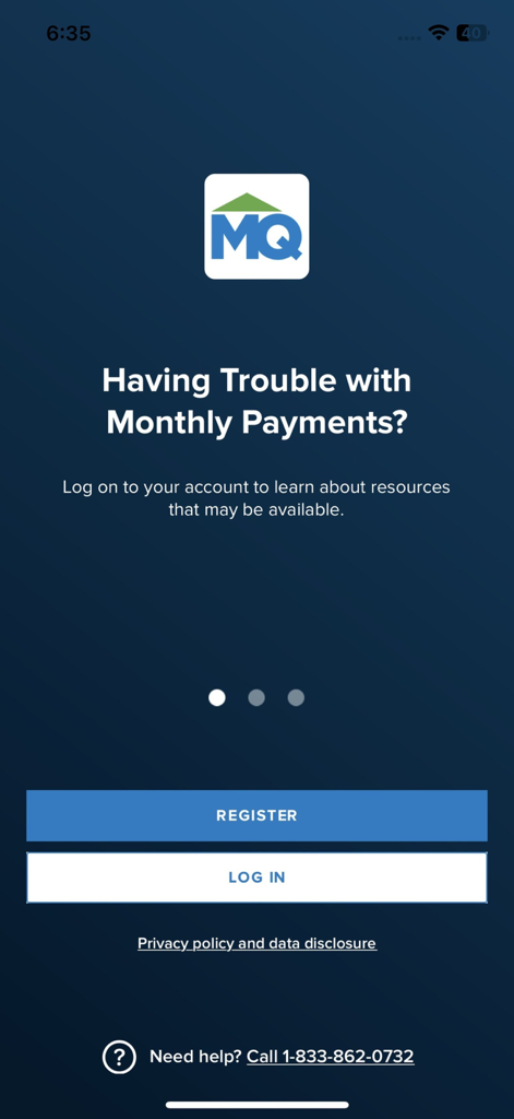 MortgageQuestions - Login screen of the MortgageQuestions app showing registration and login buttons with a help message for monthly payments