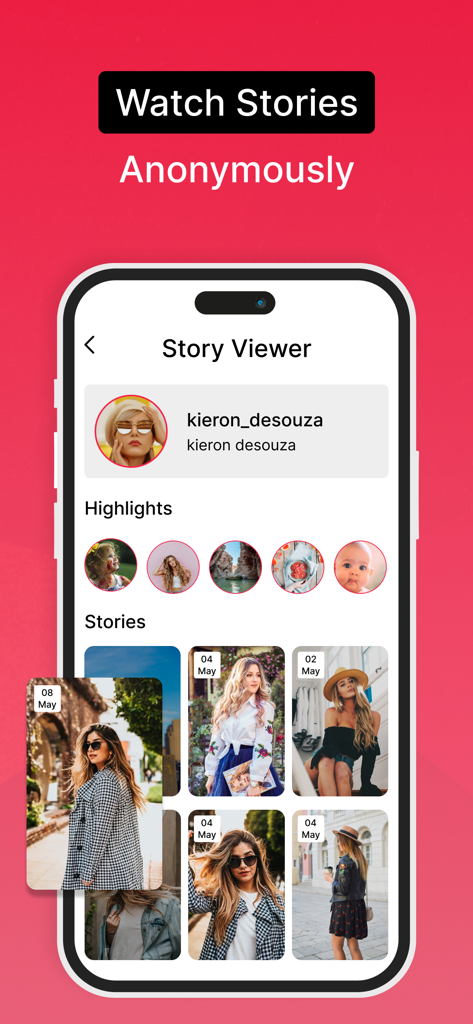 InstaSaver - Video Saver - Interfaz de la aplicación móvil para ver historias de Instagram de forma anónima usando InstaSaver