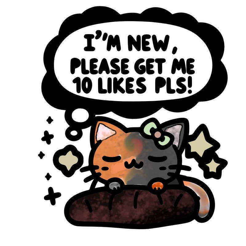 kitty taking a nap dream talking and saying "i'm new, please get me at least 10 likes pls!!"