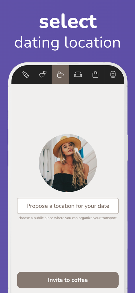 Schermata dell'app Lovemix che mostra opzioni per selezionare un luogo per un appuntamento e invitare qualcuno per un caffè