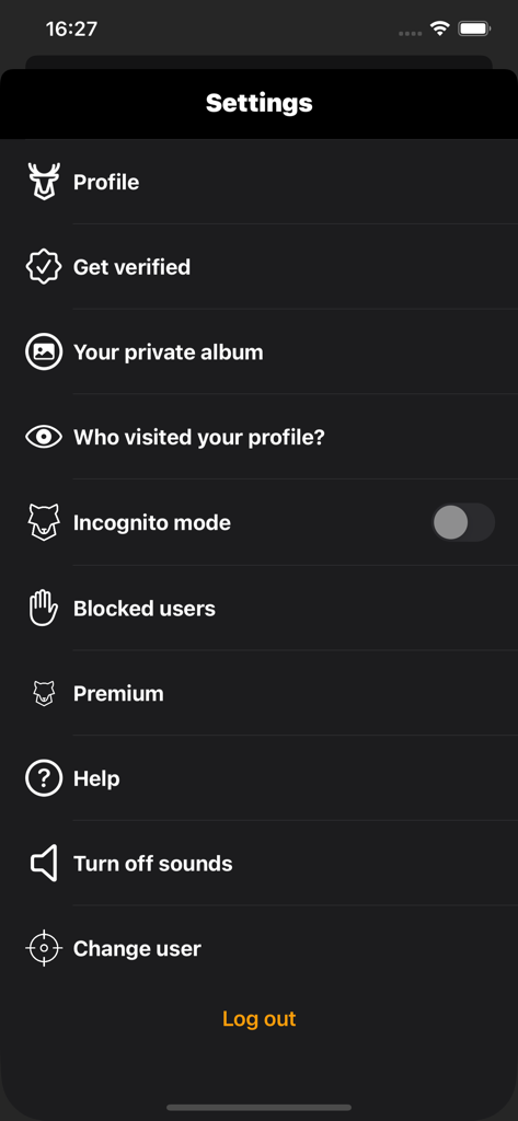 Settings screen of the Cruising gay app displaying profile options privacy settings and incognito mode