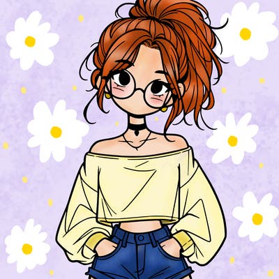 girl with a messy ponytail glasses a baggy crop top and jean shorts
