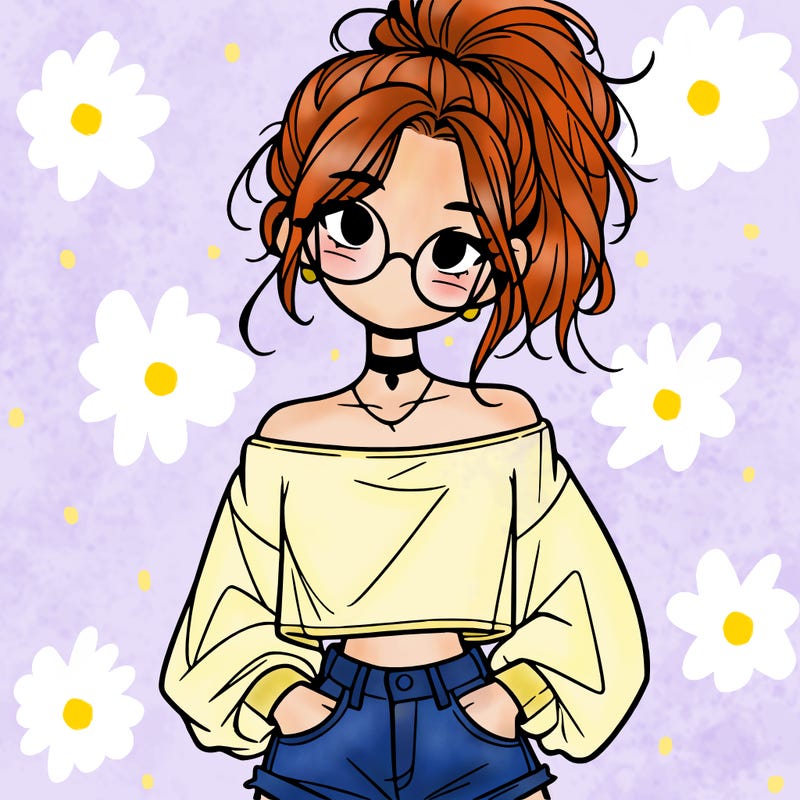 girl with a messy ponytail glasses a baggy crop top and jean shorts
