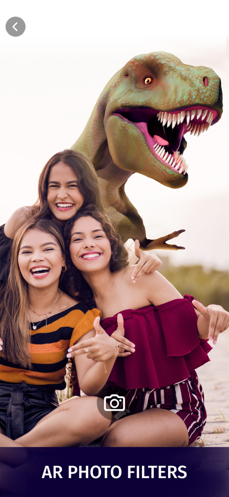 Dinosaur World Alive AR: Facts - A group of people taking a photo with an augmented reality T-Rex dinosaur.