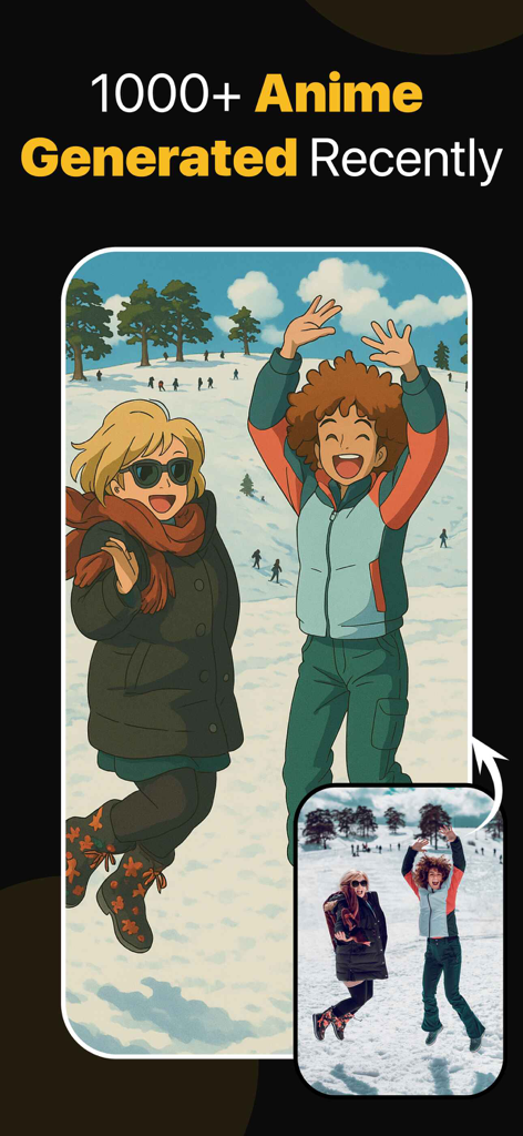 AI Anime Image Editor - Comparação mostrando uma foto de duas pessoas na neve transformada em um desenho estilo anime.