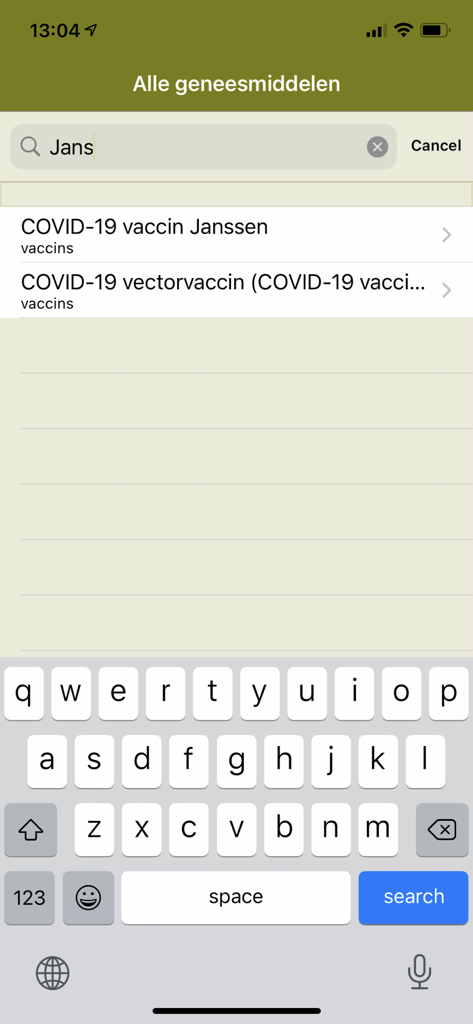 FK - Search screen in the FK app showing results for Janssen COVID-19 vaccine