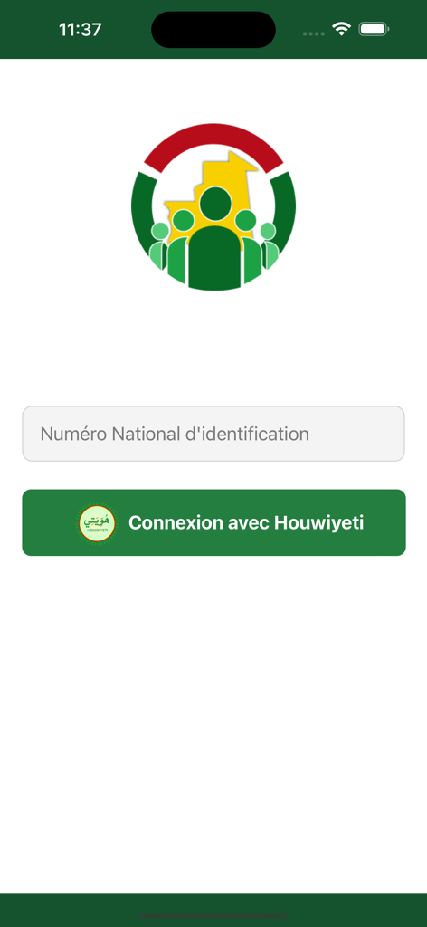 KHIDMATY - Pantalla de inicio de sesión de la aplicación KHIDMATY con un campo de entrada para el número de identificación nacional y un botón de conexión.