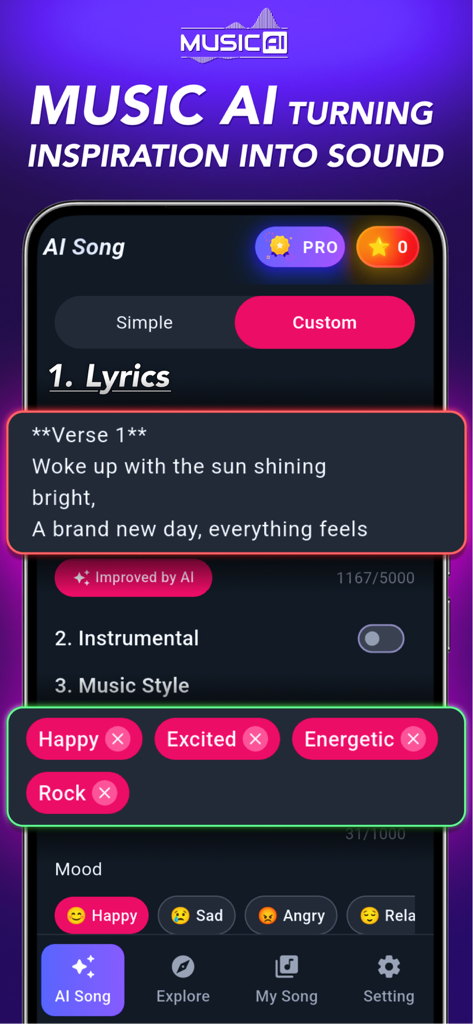 The custom creation screen of the 3B Music AI app showing lyric input fields and music style tags like Happy, Excited, and Rock.