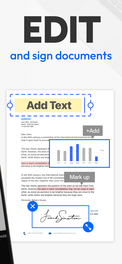 Tiny Scanner app interface showing features to edit text mark up content and add signatures to a PDF document
