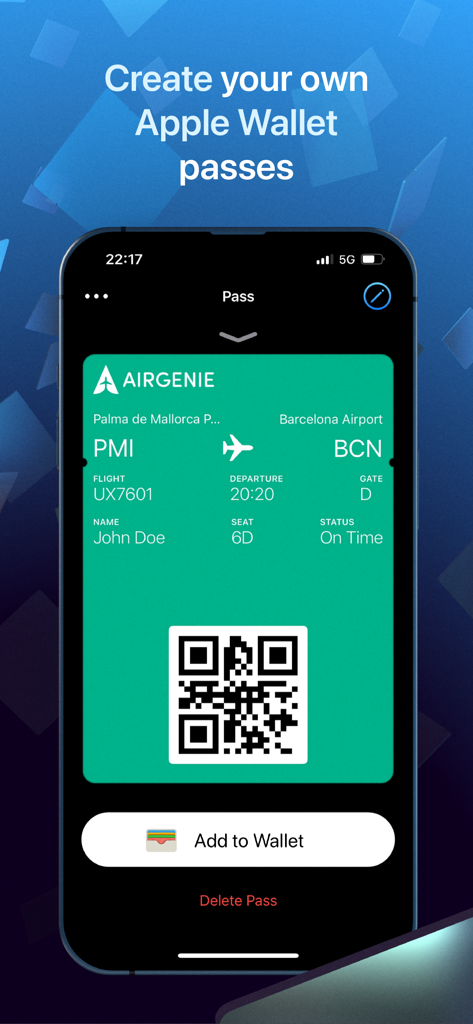 iPhone screen showing a custom green airline boarding pass for John Doe with an Add to Wallet button